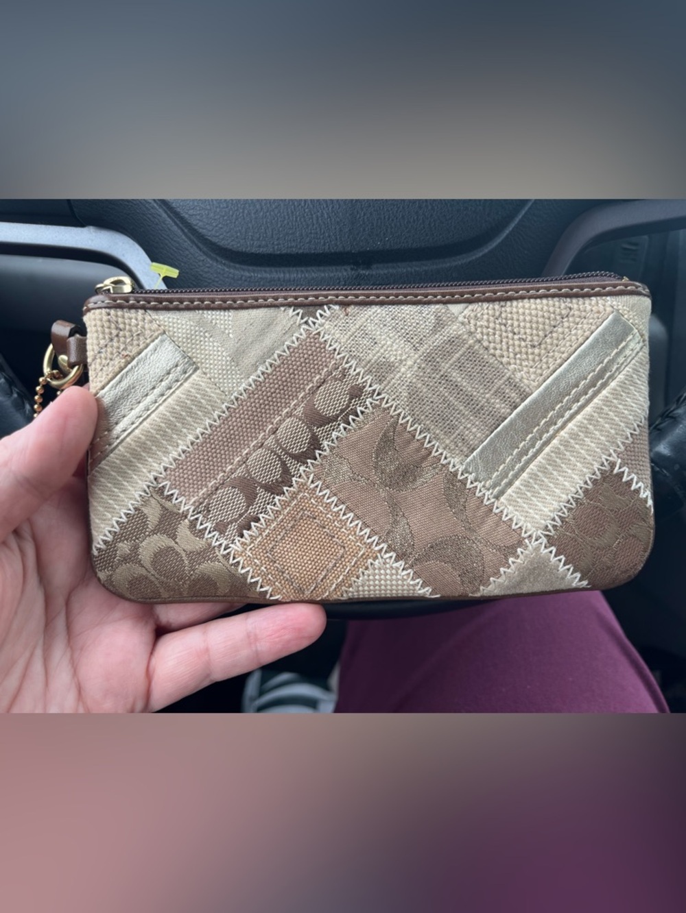 Patchwork Wristlet Clutch in Brown and Cream
